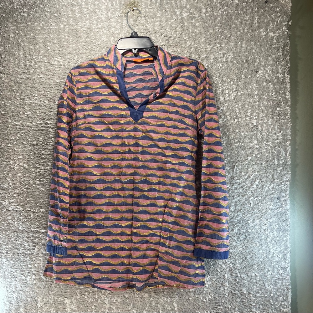Oliphant Tunic Top‎ Long Sleeve Wavy Stripe Navy Pink Gold Cotton S Preppy
